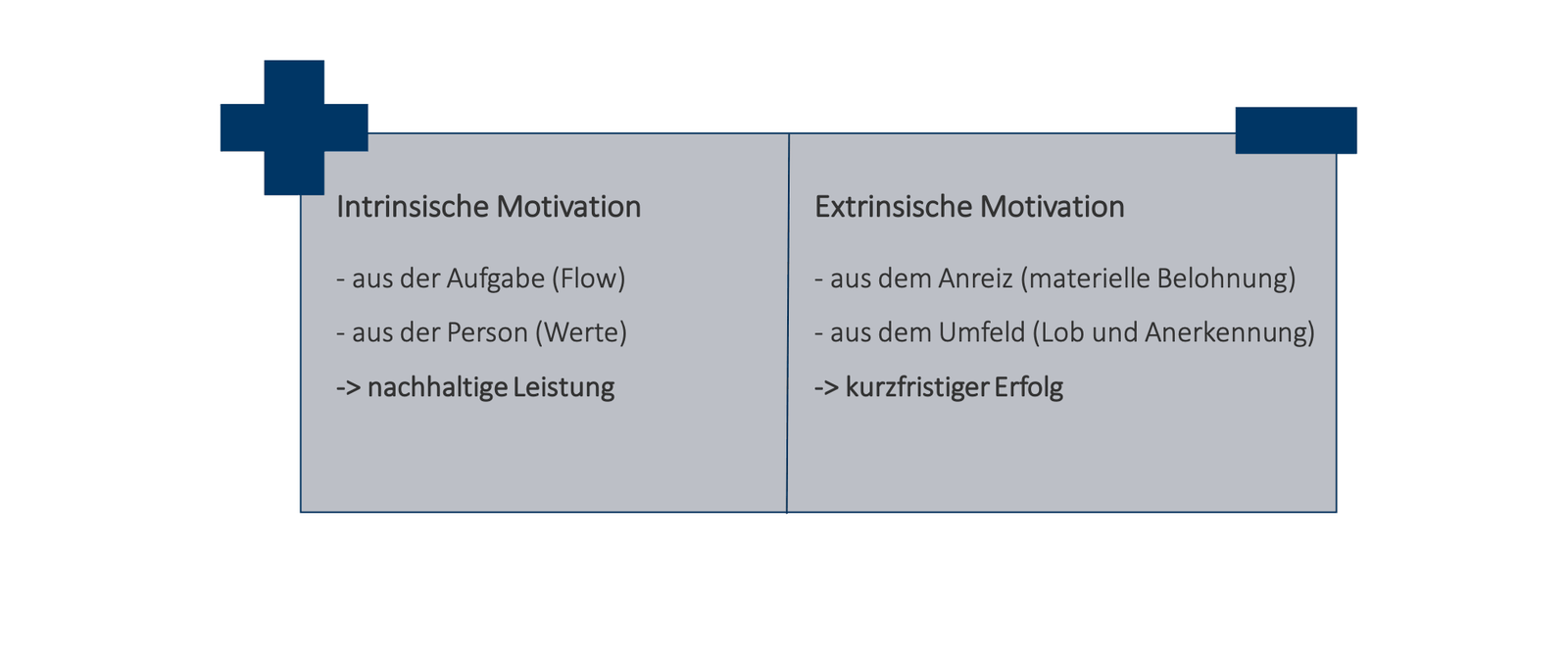 Gegenüberstellung intrinsischer Motivation – aus der Aufgabe und aus der Person, führt zu nachhaltiger Leistung – und extrinsischer Motivation – aus Anreiz und Umfeld, führt zu kurzfristigem Erfolg.