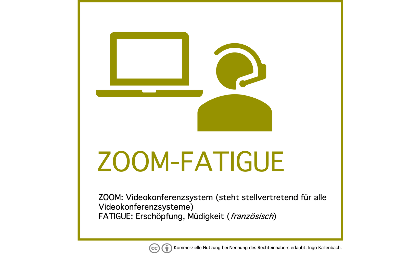 Kachel „Zoom-Fatigue“ mit Laptop- und Headset-Symbol und der Worterklärung: Zoom steht stellvertretend für alle Videokonferenzsysteme, Fatigue ist französisch für Erschöpfung.