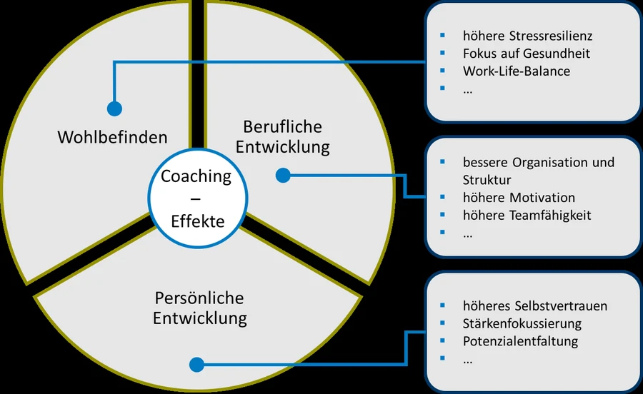 Drei sich überschneidende Kreise zeigen die Wirkungsfelder von Business-Coaching: berufliche Entwicklung, persönliche Entwicklung und persönliches Wohlbefinden