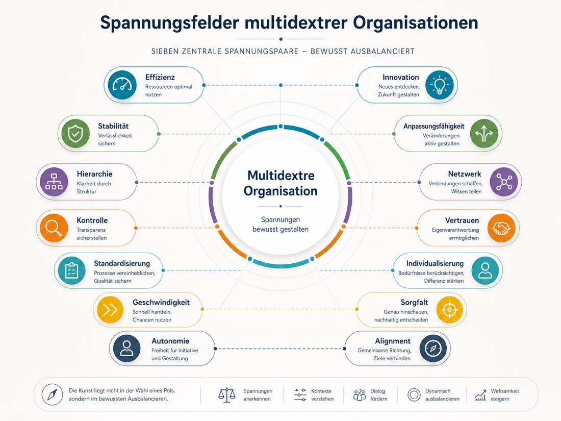 Spannungsfelder multidextrer Organisationen: sieben zentrale Spannungspaare wie Effizienz/Innovation, Stabilität/Anpassungsfähigkeit, Kontrolle/Vertrauen