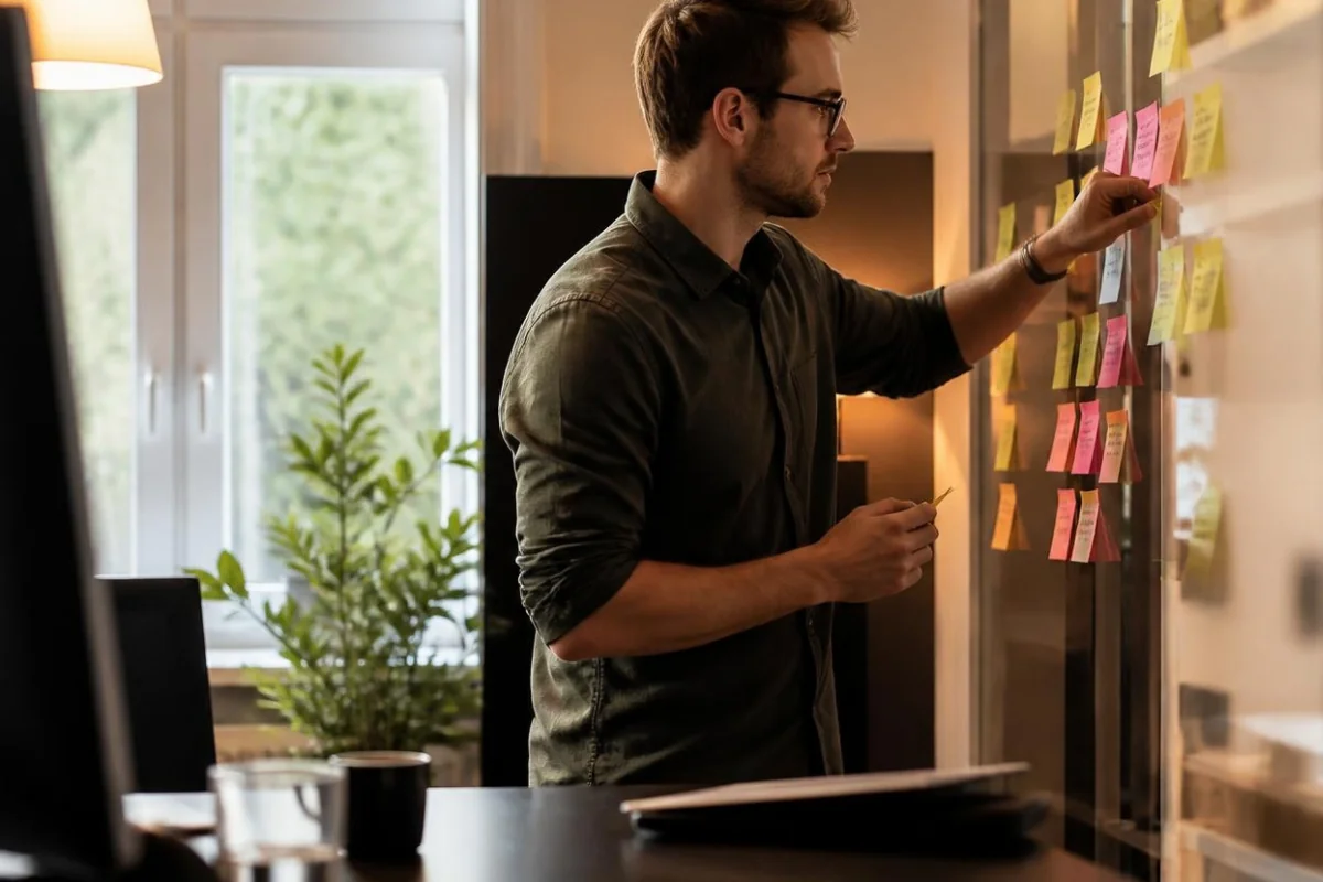 Ein Mitarbeiter ordnet am eigenen Schreibtisch Aufgaben auf einem Kanban-Board mit bunten Haftnotizen.