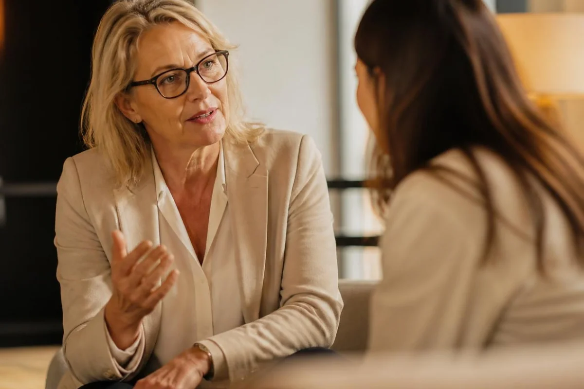 Eine erfahrene Führungskraft bespricht im Mentoring-Gespräch den Übergang mit einer Nachwuchskraft.