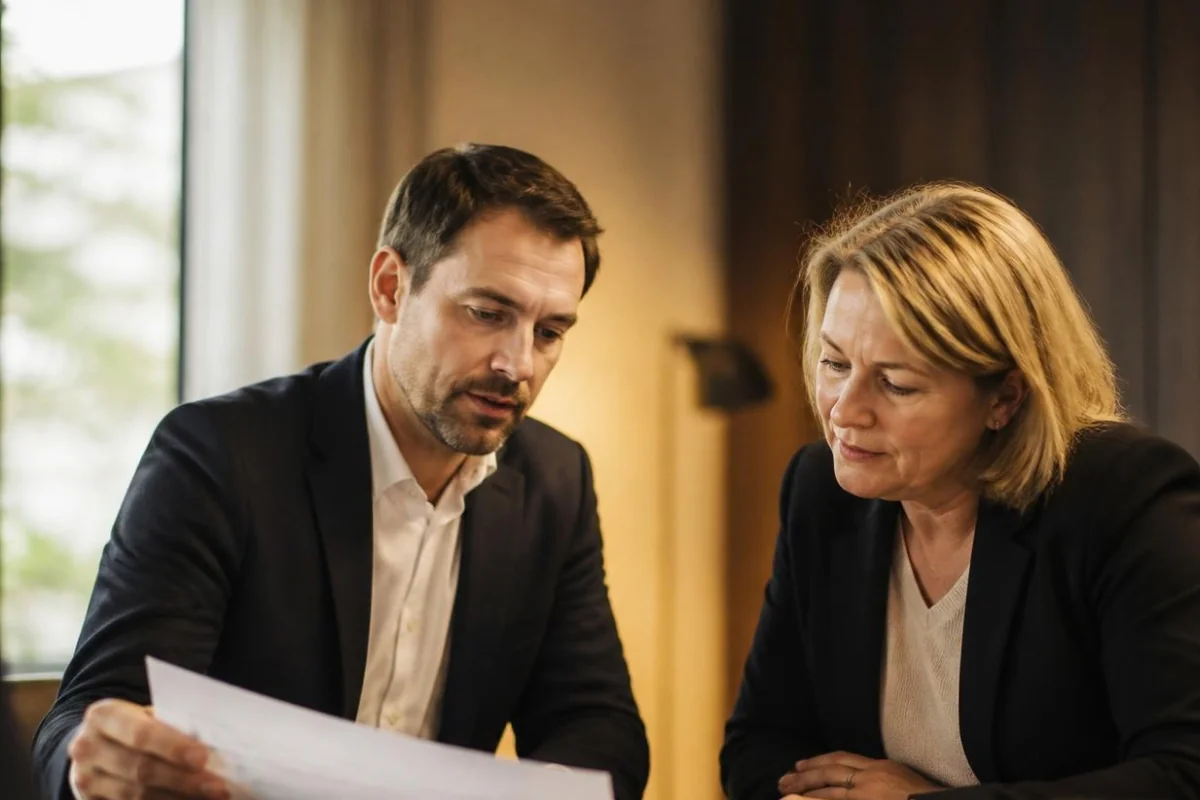 Berater und Führungskraft besprechen gemeinsam die Auswertung eines Gesundheits-Checks für Organisationen.