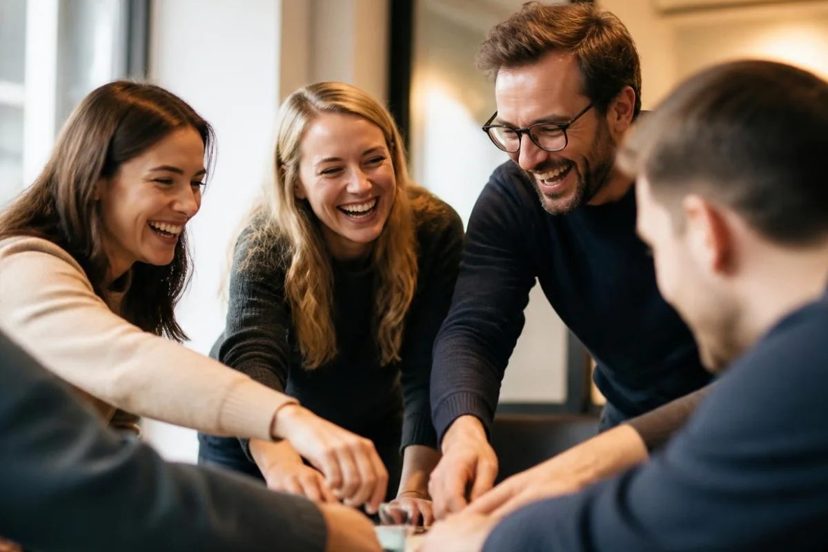 Ein neu zusammengestelltes Team lacht gemeinsam bei einer Vertrauensübung mit verschränkten Händen in der Mitte.