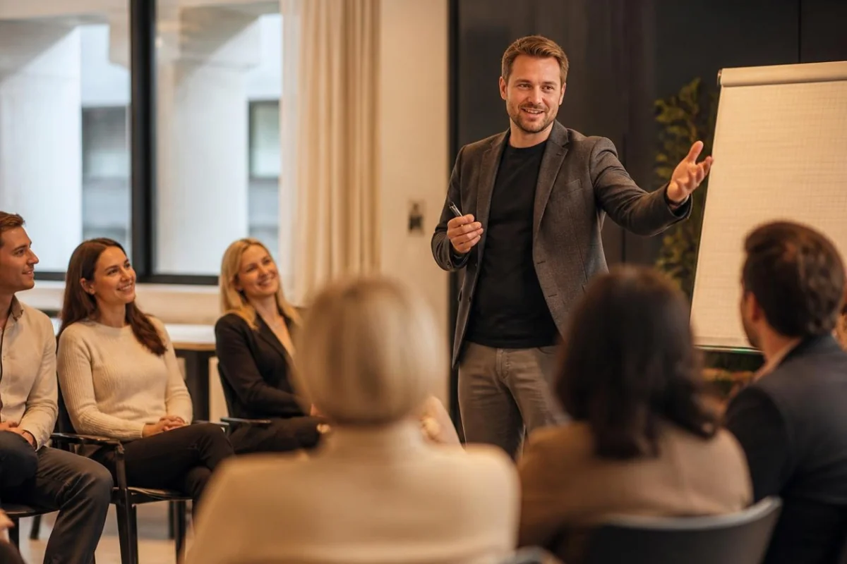 Ein Trainer spricht einladend gestikulierend zu einer im Halbkreis sitzenden Trainingsgruppe.
