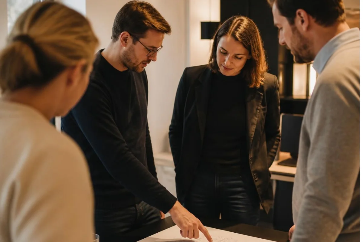 Ein Team klärt gemeinsam anhand einer gedruckten Verantwortungskarte, wer welche Entscheidung übernimmt.