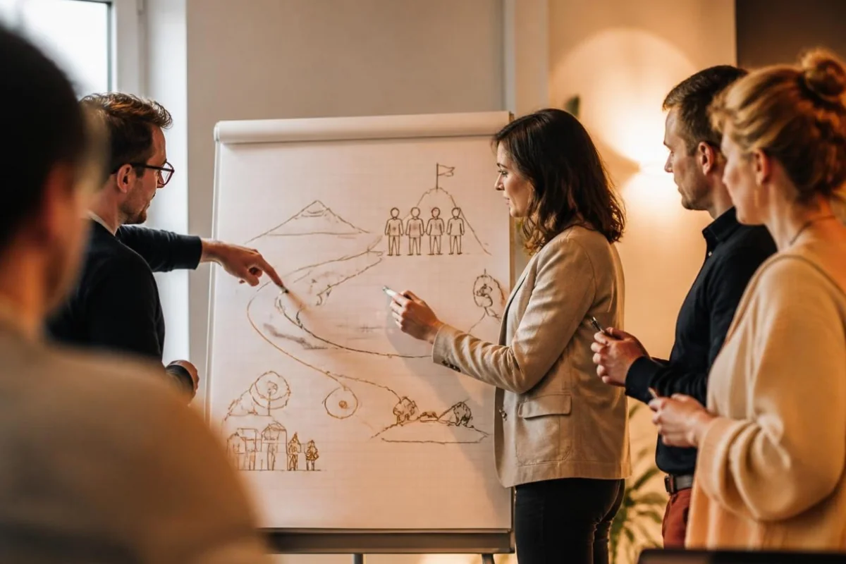 Ein Team entwickelt gemeinsam am Flipchart ein gezeichnetes Zielbild mit Berg, Weg und Personen.